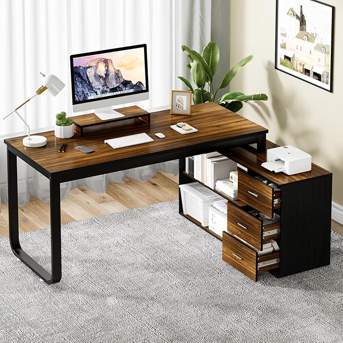 55 Inch L Shaped Desk with 3 Drawers Home Office Desk with Storage Shelves Computer Desk with Monitor Stand Black