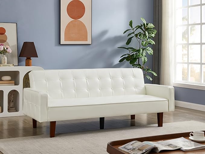 74.4 Faux Leather Couch Bed Sofa Bed Small Space Sleeper Couch with Adjustable Backrest Mid Century Modern Couches for Small Living Room Office Bedroom Apartment (White)