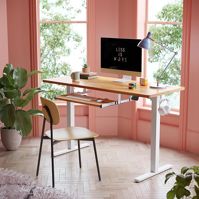 FEZIBO Standing Desk with Keyboard Tray 55 x 24 Inch Adjustable Height Sit Stand Desk with Memory Presets for Home Office Ergonomic Computer Workstation Light Rustic
