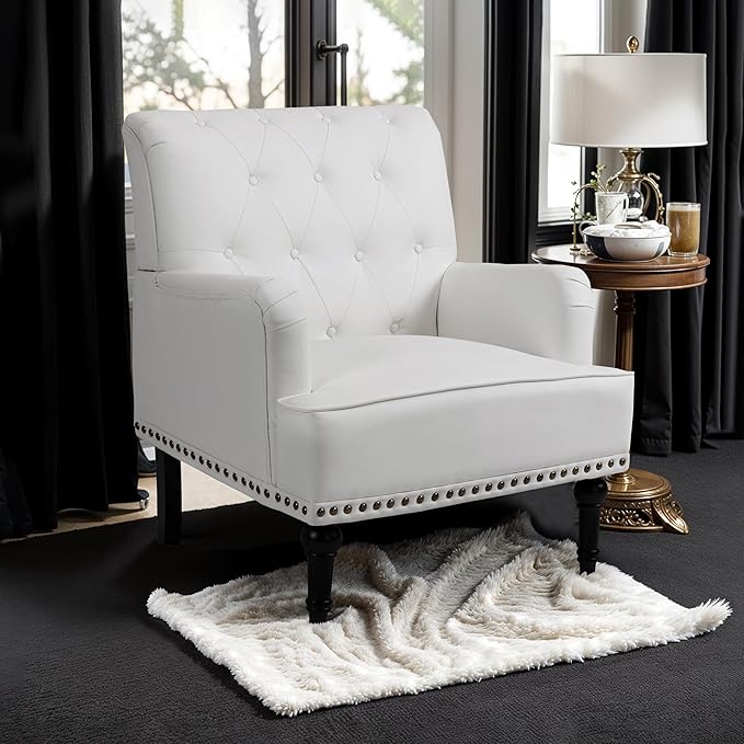 MOJAY Modern PU Leather Accent Chair Set of 2 Mid-Century Living Room Lounge Club Chair with Rivet Trim Single Sofa Reading Arm Chair for Bedroom Home Office Study Lounges(White)
