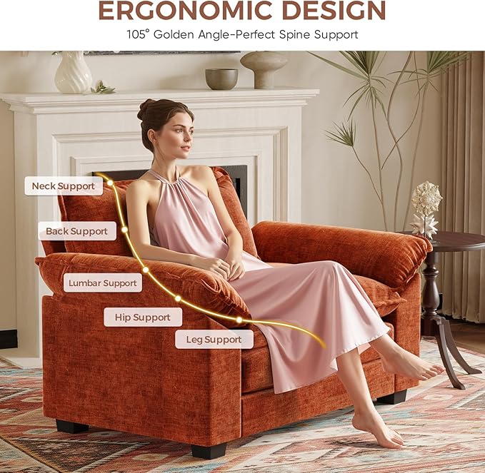 HUSFU Oversized Accent Chair 49.5'' W Chenille Cloud Sofa Chair with Deep Seat and Extra Wide Armrests Comfy Reading Armchair for Bedroom Living Room Terracotta Orange