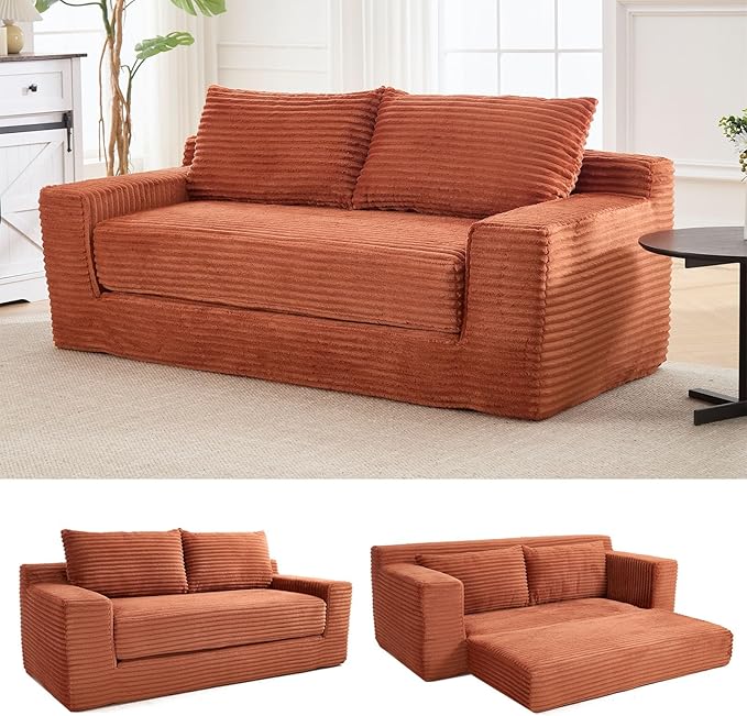 2 in 1 Convertible Sleeper Sofa Bed 72 Corduroy Loveseat Sofa w/ 2 Pillows Oversized Chaise Lounge Chair Indoor Pull Out Couch Bed for Small Spaces/Living Room/Bedroom No Assembly (Orange)