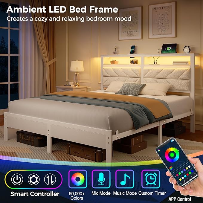 Seventable Bed Frame Full Size with Charging Station LED Bed with Upholstered Storage Headboard Metal Platform Bed with Under Bed Storage No Box Spring Needed Noise Free Easy Assembly White