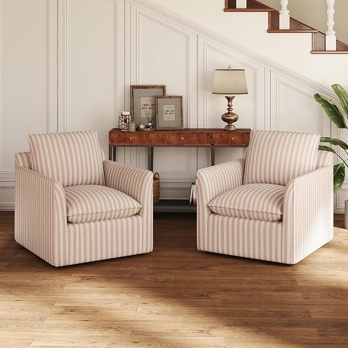 INZOY Swivel Accent Chair Set of 2 Upholstered Square Chair with Thick Padded Backrest Cushion Swivel Reading Chair for Living Room Bedroom Small Spaces Brown Stripe