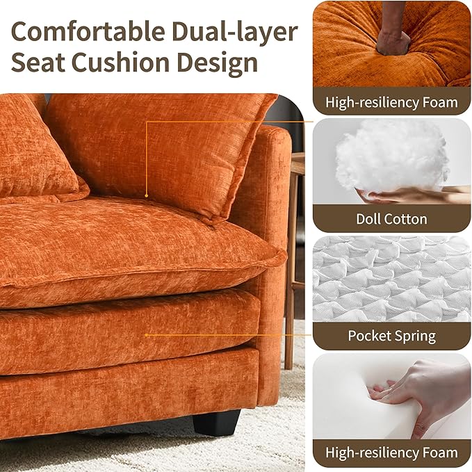SweetGO corporation 40 Chenille Lounge Chair for Reading Modern Couch Cozy Sofa Bed Upholstered Living Room Single Sofa Accent Chair with Ottoman Orange