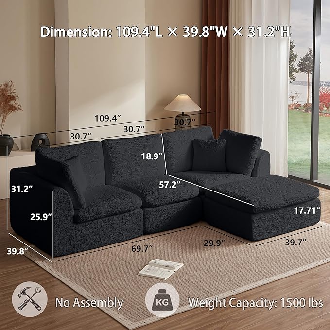 110 Cloud Sectional Couches for Living Room Modern Modular L-Shape Sofa Couch with Chaise 3 Seater Modular Sectional SofaNo Assembly Required (Dark Gray)