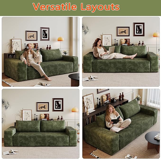 63 Cloud Loveseat Sofa - Boneless Deep Seat 2-Seater No Assembly Foam Floor Couch Plush Corduroy Fabric Modern Living Room Sofa for Small Space Apartment Bedroom Office (Green) | Boneless Sofa