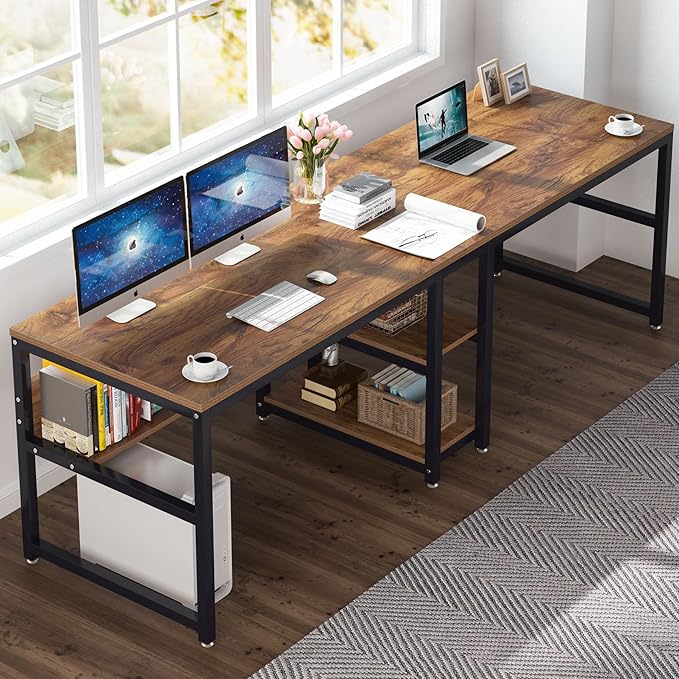 Tribesigns Two Person Desk with Bookshelf 78.7 Computer Office Double Desk for Two Person Rustic Writing Desk Workstation with Shelf for Home Office (Brown)