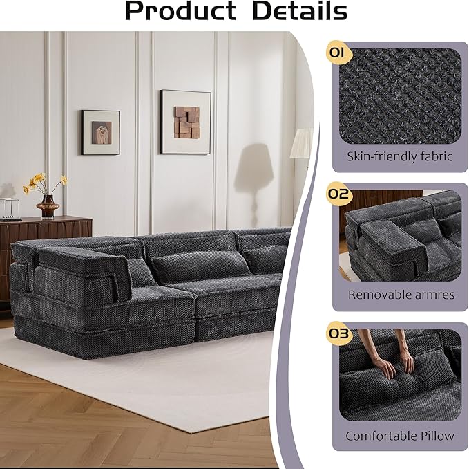 KEIKI 2Seat Modular Velvet Sofa Couch with Chaise Memory Foam for Living Room Home Office Style Conscious Homeowners Cozy Warm Perfect for Entertaining Relaxation Classic Refined Design Dark Grey