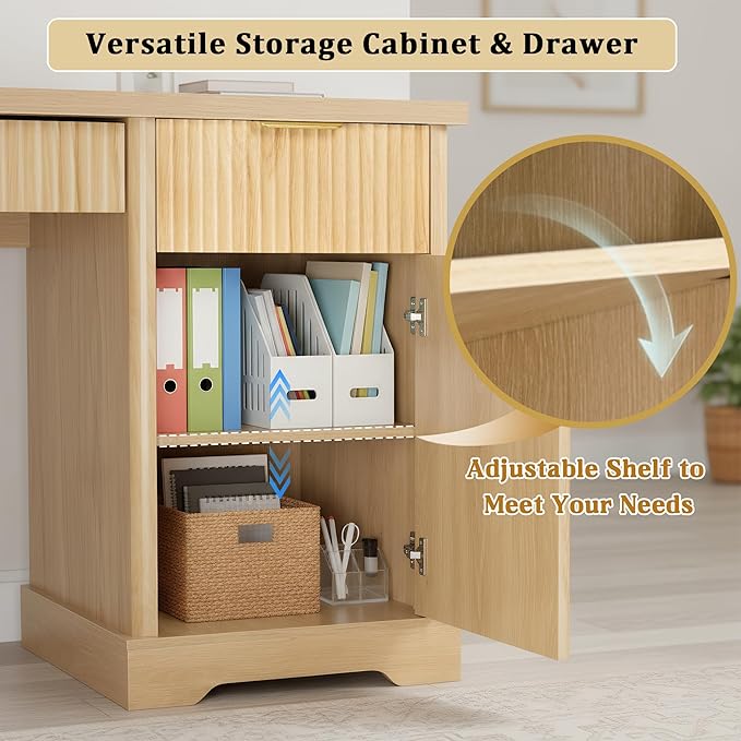 55 Fluted Office Desk with USB Charging Pegboard Organizer Convertible Keyboard Tray &amp Adjustable Storage Cabinet Modern Home Office Computer Desk