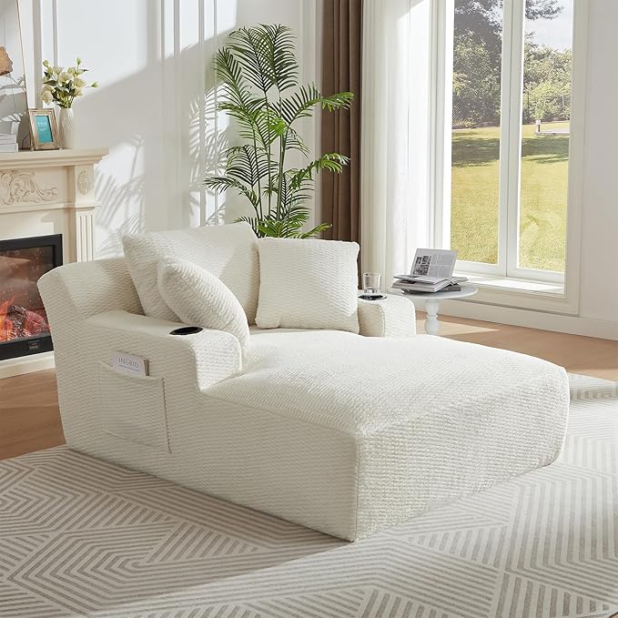 Oversized Chaise Lounge Chair - Upholstered Couch Cloud Boneless ChairDeep Seat Sleeper Sofa with Cup Holders and Side PocketsComfy Reading Chair for Living Room (Cream)