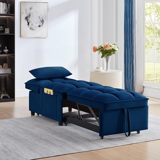 3 in 1 Convertible Sleeper Sofa Chair Velvet Tufted Single Pull Out Couch Bed with Adjustable Backrest and Pillow Multi-Function Chaise Lounge with Pockets for Livingroom Home OfficeNavy