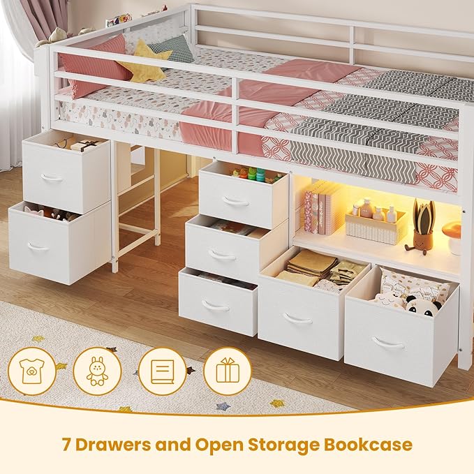 ADORNEVE Low Loft Bed Twin Size with 7 Storage Drawers Bookcase and LED Lights Metal Kids Loft Bed with 14 H Safety GuardrailInclined Ladder and Play Curtain Under-Bed Play Space White