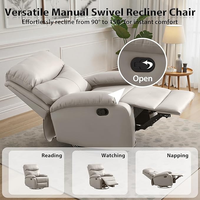 Genuine Leather Swivel Recliner Rocking Reclining Chair for Heavy Duty Adults 350LBS Manual Swivel Rocker Recliner Chair for Living Room Bedroom RV Nursery Beige