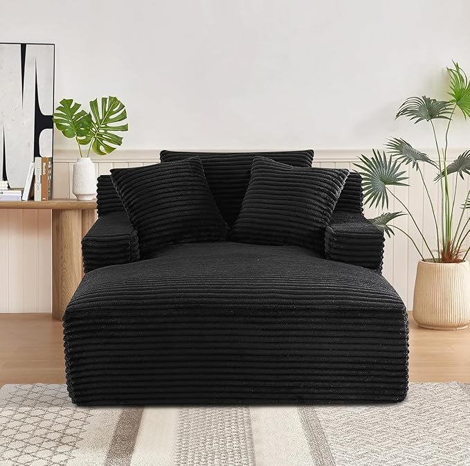 Container Furniture Chamden Oversized Chaise Lounge Chair Modern Corduroy Sofa Bed with Full Foam Cushioning Cozy Convertible Sleeper for Living Room or Bedroom Black