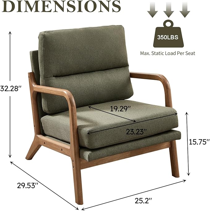 Mid Century Accent Chair Modern Living Room Chairs with Solid Wood Frame Reading Relaxing Armchair for Adults Lounge Chair for Living Room Bedroom Waiting Room-Green
