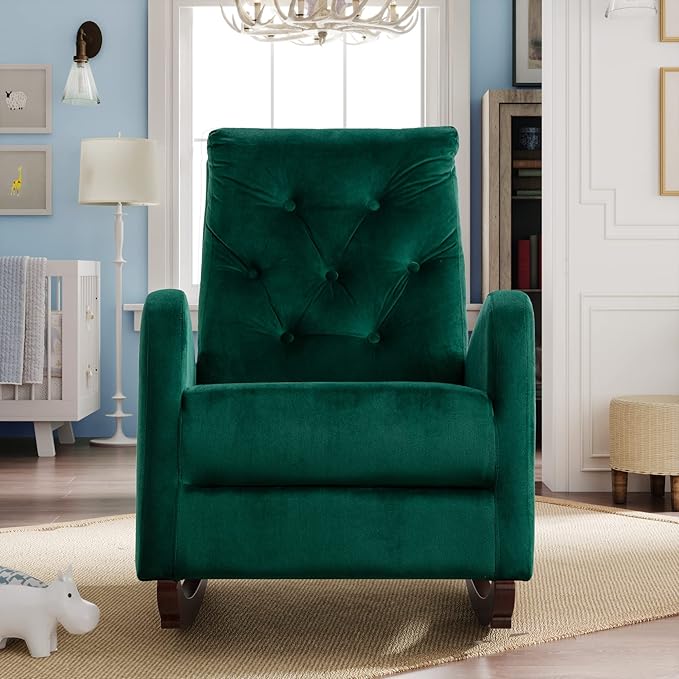 Cozy Velvet Reclining Rocking Chair with Side Storage Pocket Comfortable Button Tufted Rocker Elegant and Functional Rocking Recliner Chair Ideal for Living Room &amp Nursery Emerald