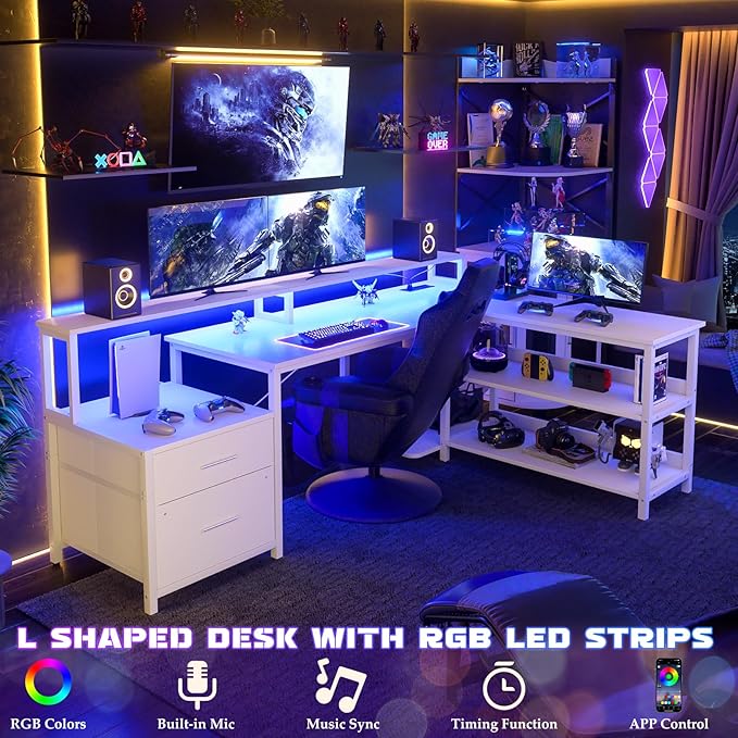 Aheaplus L Shaped Desk with File Drawer 66 Reversible L Shaped Computer Desk with Power Outlet &amp LED Strip Gaming Desk with Long Monitor Stand Office Desk Corner Desk with Storage Shelf White