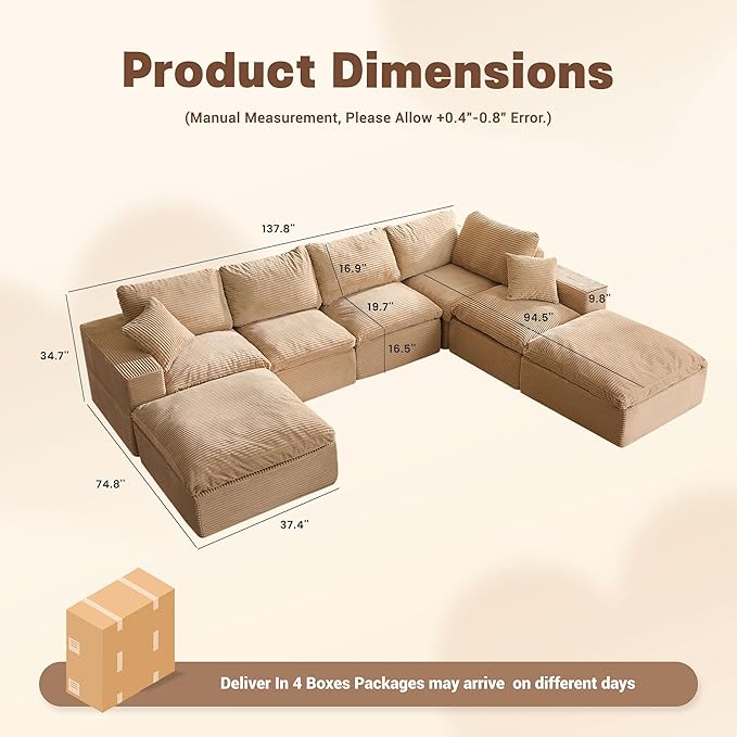 137.8” Sectional Couches for Living Room Set of Cloud Couch Modular Sectional Sofa Convertible Sofas Bed Deep Seat Sofa Sleeper Sofa Full Size Corduroy Camel