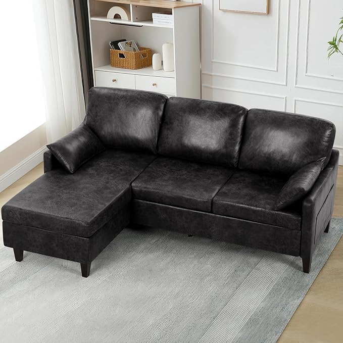 76 Sectional Sofa Couch w/Reversible Chaise Suede Leather L Shaped Sofa w/USB Charger Ports &amp Storage Bag Convertible Modern Couch w/Storage Space for Living Room Small Space Black