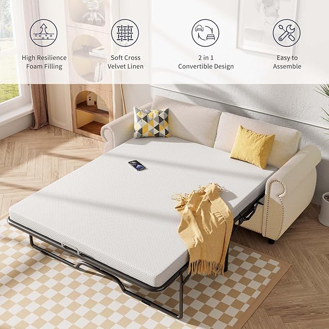 2 in 1 Pull Out Sofa Bed Queen Size Sleeper Sofa Guest Bed with 4 Foldable Memory Foam Mattress &amp Nailhead Armrests Linen Modern Convertible Couch for Home Apartment Office - Beige