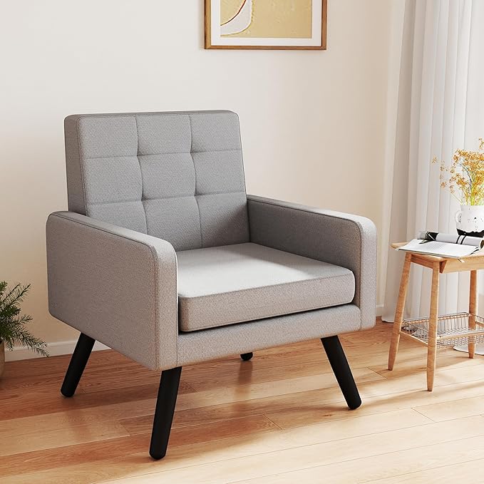 Accent Chair for Living Room Mid-Century Modern Comfy Upholstered Armchair with Large Seat Single Sofa Reading Chair 496 Lb. Weight Capacity for Bedroom Apartment Light Grey
