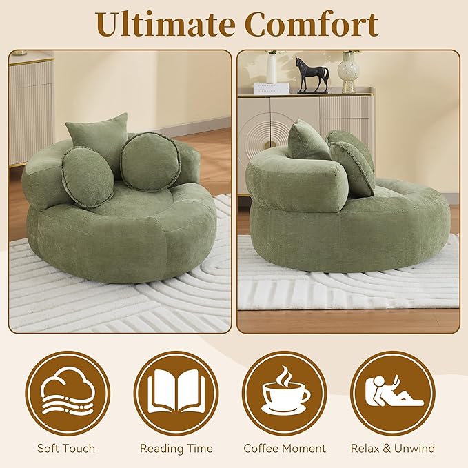 Round Oversized Chair Floor Sofa Chair Chenille Compressed Circle Chaise Lounge No Assembly Boneless Barrel Chair Lazy Bean Bag Couch Accent Chair for Living Room Bedroom DormGreen