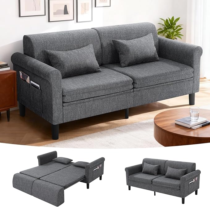 SEJOV 74 Convertible Sofa Bed 5-in-1 Loveseat Sleeper Sofas with Pull Out Couch Bed Storage Pockets &amp 2 Pillows Modern Folding Linen Futon Couch for Living Room Bedroom Small Space Dark Gra