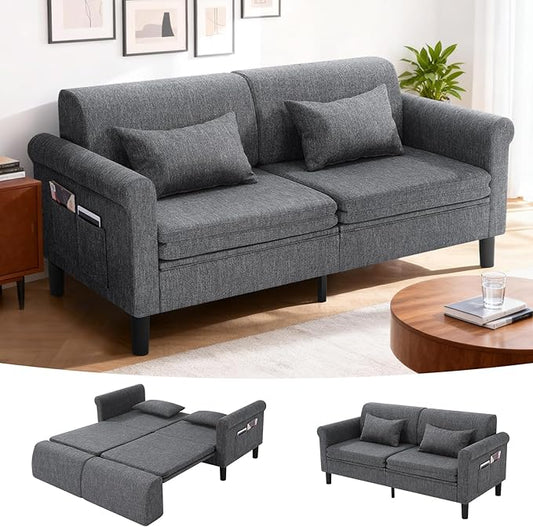 SEJOV 74 Convertible Sofa Bed 5-in-1 Loveseat Sleeper Sofas with Pull Out Couch Bed Storage Pockets &amp 2 Pillows Modern Folding Linen Futon Couch for Living Room Bedroom Small Space Dark Gra