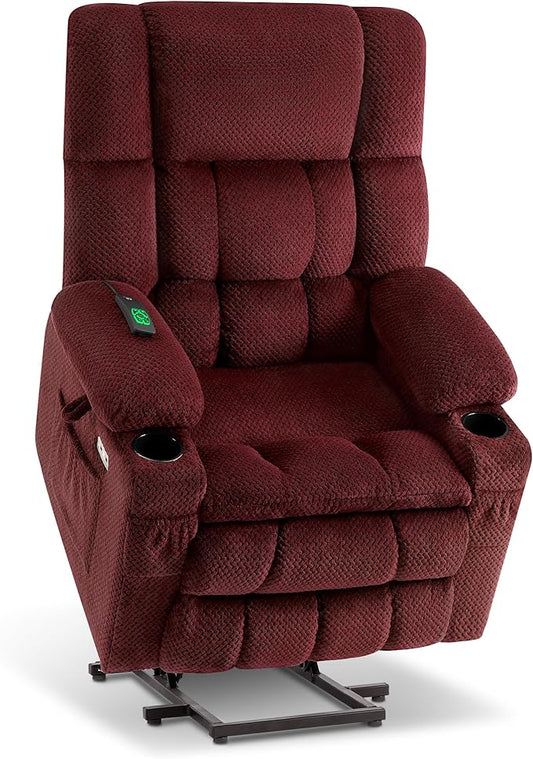 MCombo Dual Motor Large Power Lift Recliner Chair for Elderly Lay Flat Lift Chair with Heat and Massage Big Lift Recliner for Tall People Cup Holders Fabric 7896 (Large Burgundy)