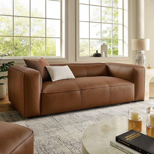 Modway Auren Vegan Leather Sofa in Coffee - Faux Leather Couch - Comfy Modern PU Leather Sofa - Oversized Mid Century Modern Couch for Living Room Apartment Loft