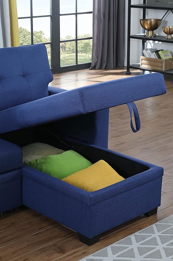 82 Convertible Sectional Sleeper Sofa with Storage Chaise L Shaped Pull Out Couch Bed with 3 Tufted Back Cushion for Living Room ApartmentOfficeBlue