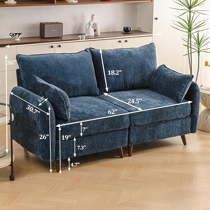 73'' Loveseat Sofa with All Seats Storage Modular Sectional Couch with Deep SeatOversized Comfy Couch with 7.8'' CushionLarge Sofa for Living RoomBedroomVeletBlue
