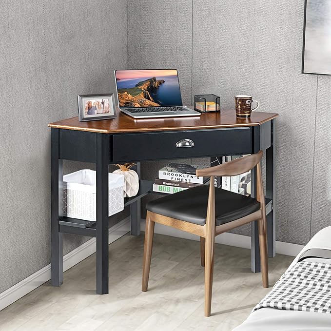 LDAILY Small Corner Desk Triangle Makeup Vanity Desk for Small Space Compact Writing Desk with Storage Shelves &amp Drawer Space Saving Corner Computer Desk for Bedroom Home Office
