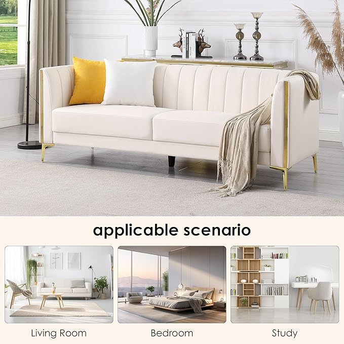 FOTOSOK White Leather Couch Sofa Office Couches 78'' Apartment Faux Leather Sofa with 2 Throw Pillows &amp Gold Metal Legs Waterproof 3 Seater Couches for Small Living Room Luxury Cloud Sofa