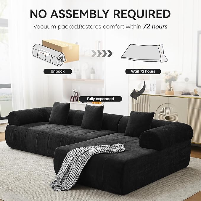 119'' Boneless Curved Sectional Couch Cloud Deep Seat L Shaped Sofa with Right Chaise LoungeModular Compression Couch for Living Room No AssemblyBlack