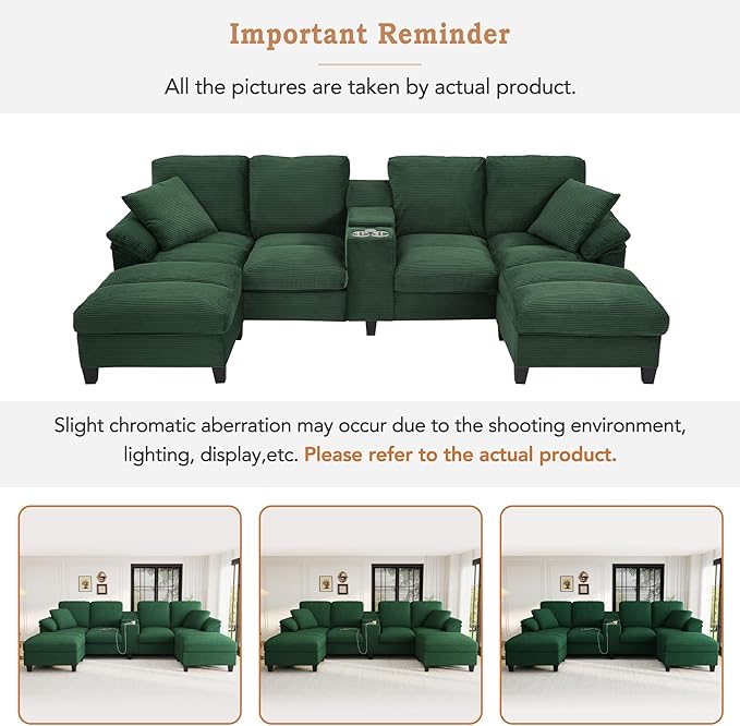 U-Shaped Sectional Cloud Sofa with Storage Console and Cupholders 116-Inch U-Shaped Symmetrical Corduroy Sectional Couch W/2 Ottoman Chaise LoungesUSB-C Ports &amp 2 Pillows