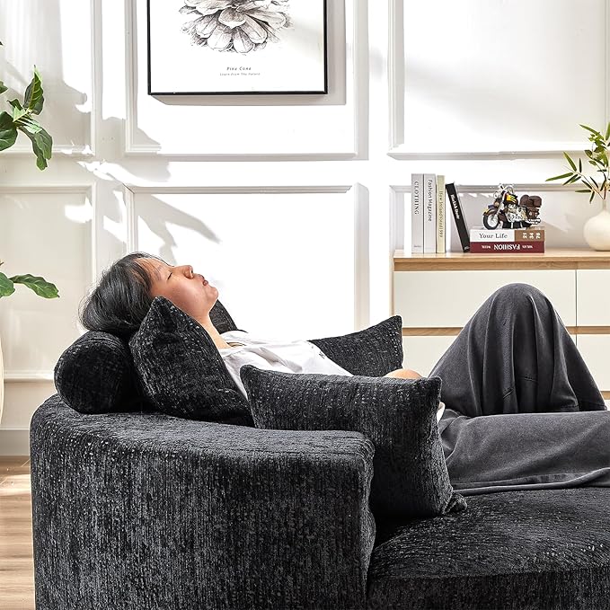 Oversized Round Chaise Lounge Chair Indoor 55W Circle Comfy Armchair with Deep Seat Floor Cloud Boneless Chair Upholstered Modern Cozy Sofa Chairs for Living Room Bedroom(Chenille Black)