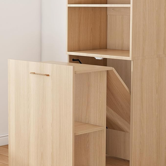 LUMISOL Multi-Function Folding Out Desk with Storage Shelves for Home &amp Office Hidden Desks with Mobile Wheels Pull Out Home Office Desk for Small Spaces Natural Wood
