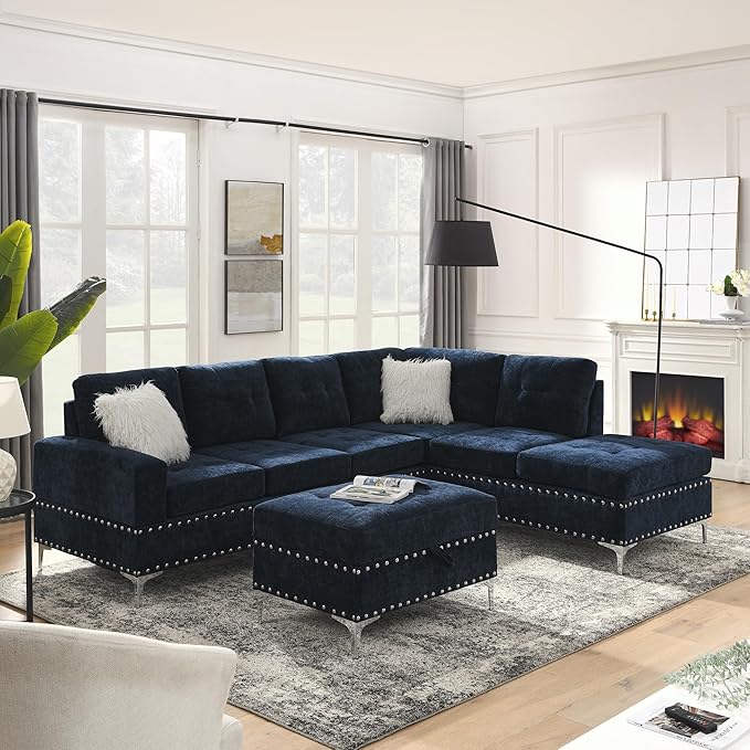 Yoglad 108'' Sectional Couches for Living Room Modular 5-Seater Couch Sofa with Reversible Chaise &amp Cup Holders L-Shaped Corner Sofa with Storage Ottoman for Apartment Office (Chenille Navy Blu