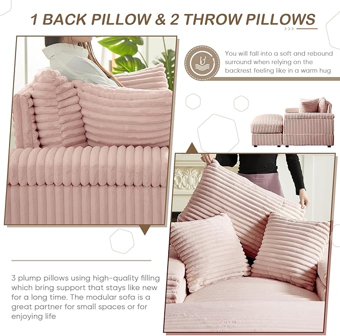 Chaise Lounge Chair Indoor 44 Inch Comfy Corduroy Sectional Cloud Couch Upholstered Single Sofa w/Movable Ottoman for Living Room Bedroom Apartment Pink