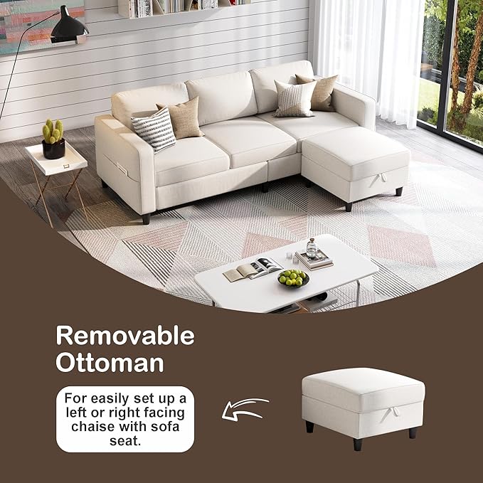 Sectional Sofas Couches for Living Room 78 L-Shaped Couch - Modern Linen Beige Sofa with Storage Ottoman USB for Apartments Studios &amp Home Offices Small Space