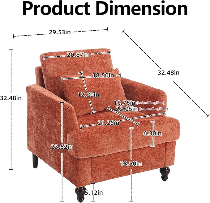 Oversized Accent Chair with Lumbar Pillow Upholstered Side Chairs for Living Room Bedroom Comfy Reading Chairs for Adults with Wide Seat Thick Cushion Soft Chenille (Dark Orange)