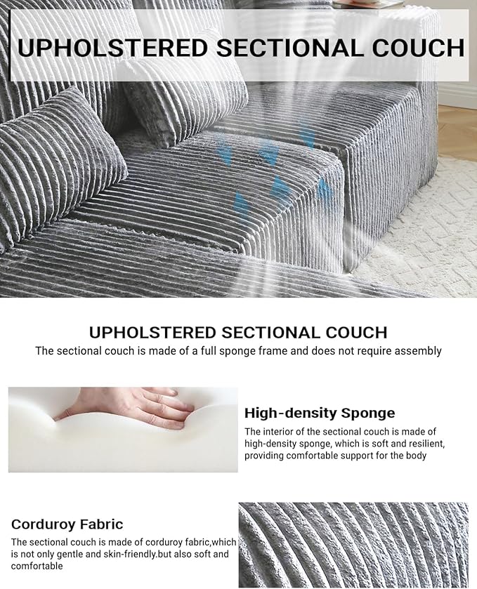 110 Cloud Sectional Couch Modular Sectional Sofa with Deep Seat Corduroy Upholstered Boneless Couch for Living Room Bedroom Left Facing Chaise (Grey 110 Right Facing Chaise)