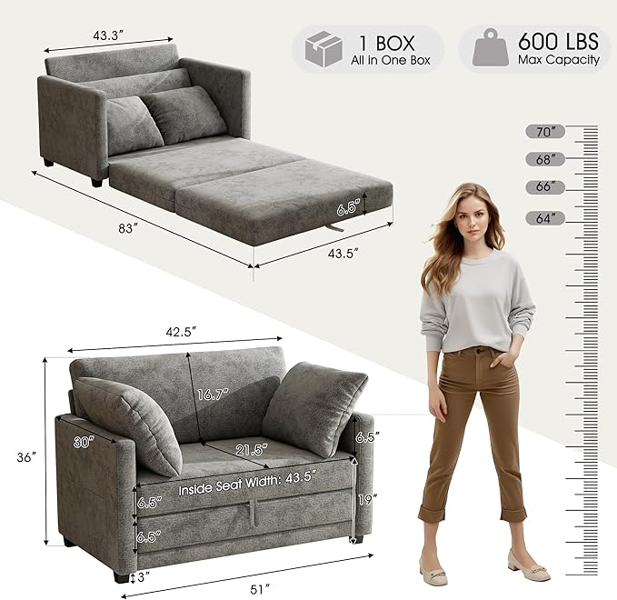 51 Loveseat Sleeper Sofa Bed Chenille Convertible Floor Sofa Bed for Small Spaces Folding Couch Bed with Deep Seat 2 Pillows &amp Solid Frame Pull Out Floor Couch for Living Room Grey