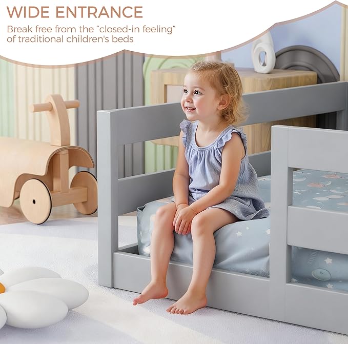 Twin Size Floor Bed for Kids Toddler Floor Bed with Safety Guardrails Solid Wood Montessori Bed Frame