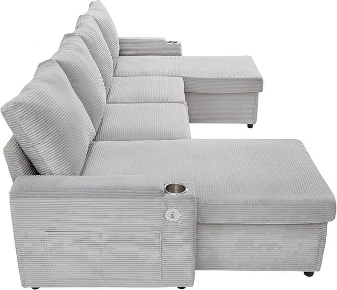 109.5 Sectional Sofa Convertible Pull-Out Sofa Bed with 2 Storage Chaise Lounges and Cup Holders Chenille Fabric U-Shaped Couch with Storage Boxes &amp USB Ports for Living Room (Grey-9.19)