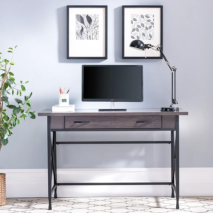 BOWERY HILL Contemporary Writing Computer Desk 46 D x 22 W x 30 H Sturdy Wood Matte Black Finish X-Side Design Drop Front Drawer Full Extension Guides Home Office Desk with Wire Management