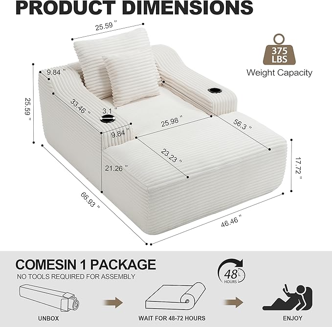 46 Chaise Lounge Chair Indoor Cloud Sleeper Sofa Bed with Cup Holder Corduroy Upholstered Sofa Couch with 9.84 Armrest for Living Room Apart No Assembly Required White
