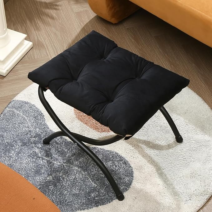 15 Foldable Foot Stool Ottoman with Metal Frame - Washable Black Upholstered Indoor/Outdoor Footrest for Living Room Bedroom Patio - Space-Saving Compact Design